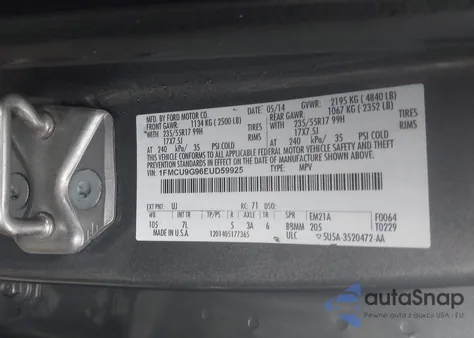 2014 Ford Escape Se из США, поврежденный, VIN 1FMCU9G96EUD59925